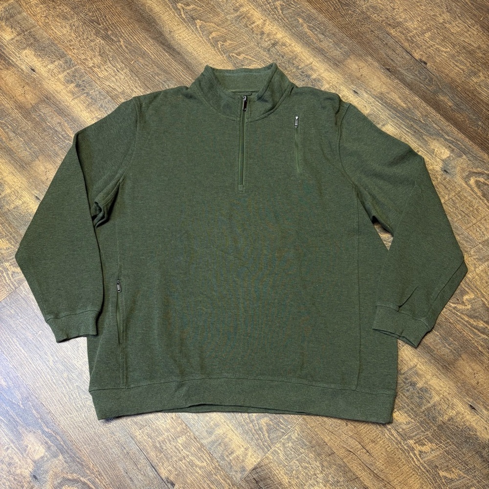 ScotteVest 1/4 Zip Pullover Sweater Mens XL Green Travel Pockets Hike Outdoor